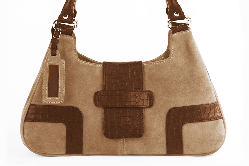 Tan beige and caramel brown women's dress handbag, matching pumps and belts. Profile view - Florence KOOIJMAN